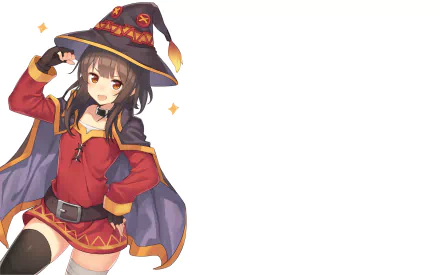 HD PC wallpaper of Megumin from KonoSuba - God’s blessing on this wonderful world!! anime, featuring her iconic witch hat and red outfit in vibrant colors.