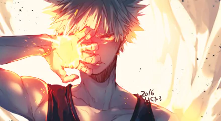 HD desktop wallpaper of Katsuki Bakugou from My Hero Academia, featuring the blonde character with red eyes and an intense expression, surrounded by an explosion.