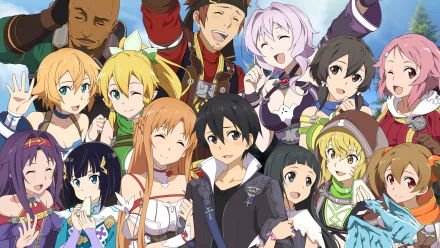 A vibrant HD desktop wallpaper featuring characters from the anime Sword Art Online, with a lively group posing cheerfully against a bright background.