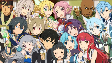 HD desktop wallpaper and background featuring an ensemble of colorful characters from the anime Sword Art Online, gathered together in a cheerful group, smiling and celebrating.