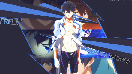 HD PC desktop wallpaper featuring Haruka Nanase from the anime Free!, showcasing dynamic blue and black geometric designs with multiple character poses.