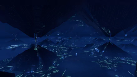 8K Ultra HD PC wallpaper featuring a dark, futuristic sci-fi landscape inspired by Mass Effect: Andromeda from the Mass Effect video game series.