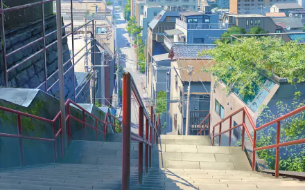 HD PC desktop wallpaper featuring a vibrant anime-style cityscape with stairs descending amid detailed urban buildings, inspired by Your Name.