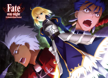 4K Ultra HD Fate/Stay Night: Unlimited Blade Works wallpaper featuring Lancer, Archer, and Saber in dynamic anime style with vibrant colors and action poses.