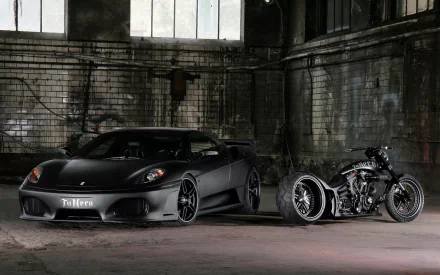 HD desktop wallpaper featuring a sleek black Ferrari parked next to a custom motorcycle in an industrial building with brick walls and large windows.