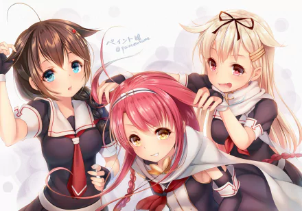 This HD wallpaper features Shigure, Yuudachi, and Kawazake from Kantai Collection in school uniforms, with blue, yellow, and pink eyes, respectively. They are smiling and blushing, displaying a playful and cheerful demeanor.