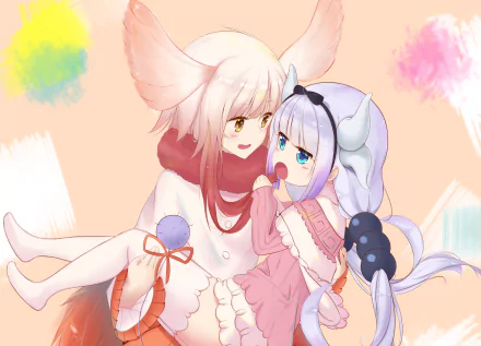 HD desktop wallpaper featuring Crested Ibis from Kemono Friends and Kanna Kamui from Kobayashi-san Chi no Maid Dragon in a crossover anime art style. Colored background with soft pastel hues.