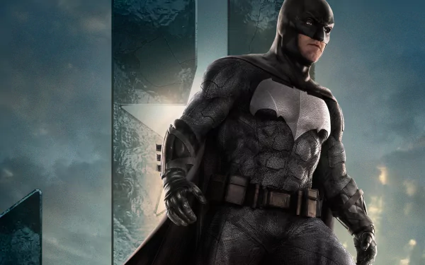 HD wallpaper featuring Ben Affleck as Batman from the Justice League movie, set against a dramatic sky background.