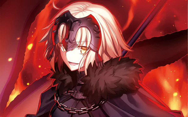 HD desktop wallpaper featuring Jeanne d'Arc Alter, Avenger from Fate/Grand Order anime, against a fiery background.