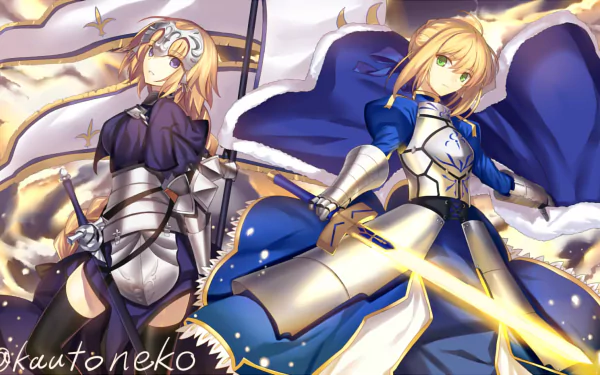 HD desktop wallpaper featuring Saber (Fate Series) and Ruler (Fate/Grand Order) in dynamic poses, adorned in detailed armor with swords, set against a vibrant, ethereal background.