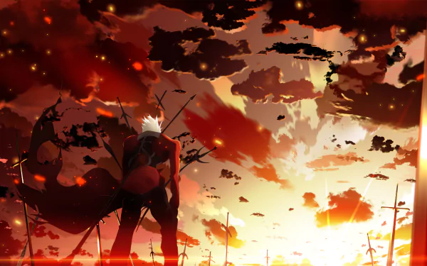HD wallpaper featuring Archer from Fate/Stay Night with a dramatic sunset background, surrounded by swords, evoking a scene from Fate/Stay Night: Unlimited Blade Works.