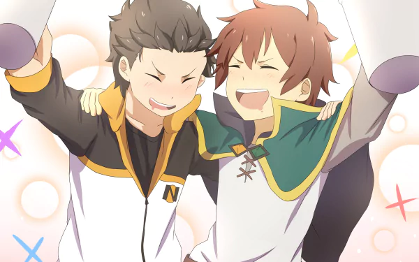 HD wallpaper featuring Kazuma Satou from KonoSuba and Subaru Natsuki from Re:Zero - Starting Life in Another World, portrayed in a cheerful anime crossover.