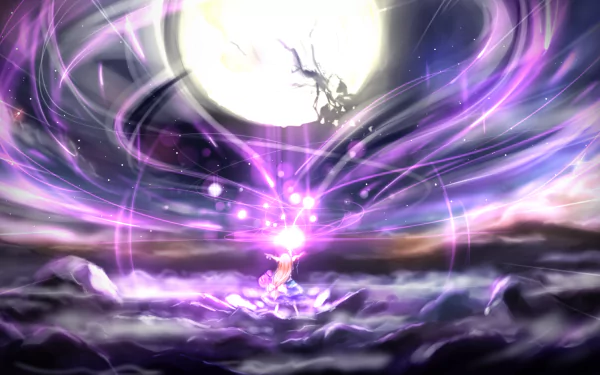 HD PC desktop wallpaper featuring Suika Ibuki from Touhou, surrounded by swirling purple energy under a glowing full moon in an anime-style illustration.