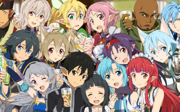 HD desktop wallpaper and background featuring an ensemble of colorful characters from the anime Sword Art Online, gathered together in a cheerful group, smiling and celebrating.