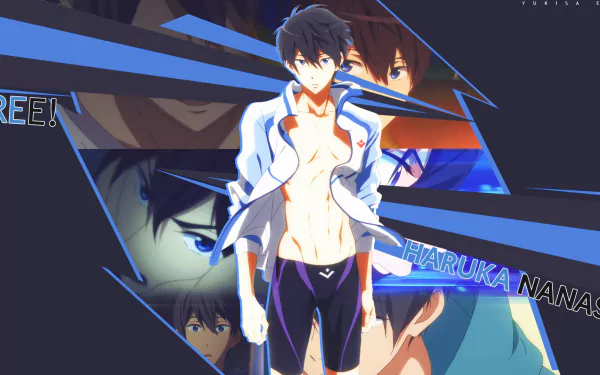 HD PC desktop wallpaper featuring Haruka Nanase from the anime Free!, showcasing dynamic blue and black geometric designs with multiple character poses.