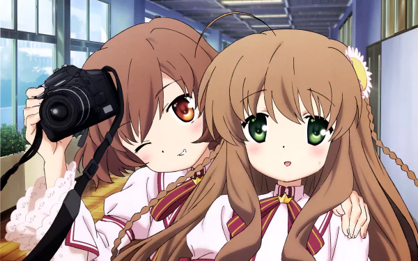 Anime-style 4K Ultra HD wallpaper featuring Kotori Kanbe and Inoue from Rewrite, set in a bright indoor scene with Kotori holding a camera.