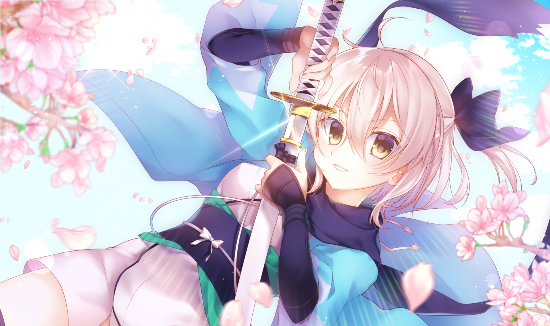 HD desktop wallpaper featuring Sakura Saber from the Fate Series, depicted in an anime style. The background includes cherry blossoms, and elements inspired by Fate/KOHA-ACE.