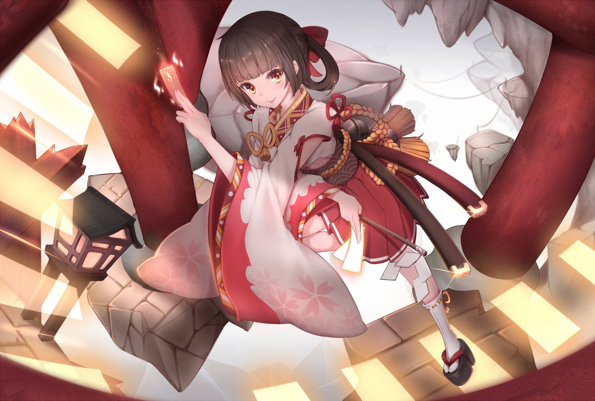 Anime-style Onmyoji character in dynamic pose with traditional attire and mystical elements, designed as an HD PC desktop wallpaper and background.