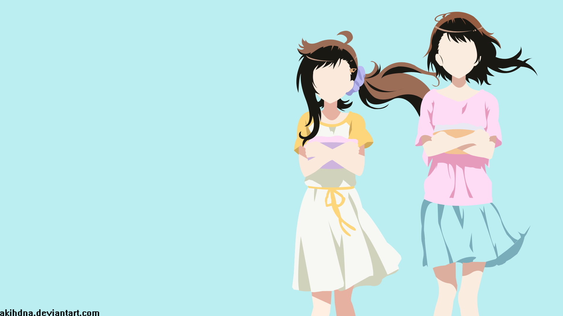 HD PC desktop wallpaper of Haru Onodera and Kosaki Onodera from Nisekoi: minimalist faceless anime figures in pastel outfits against a pale blue background.