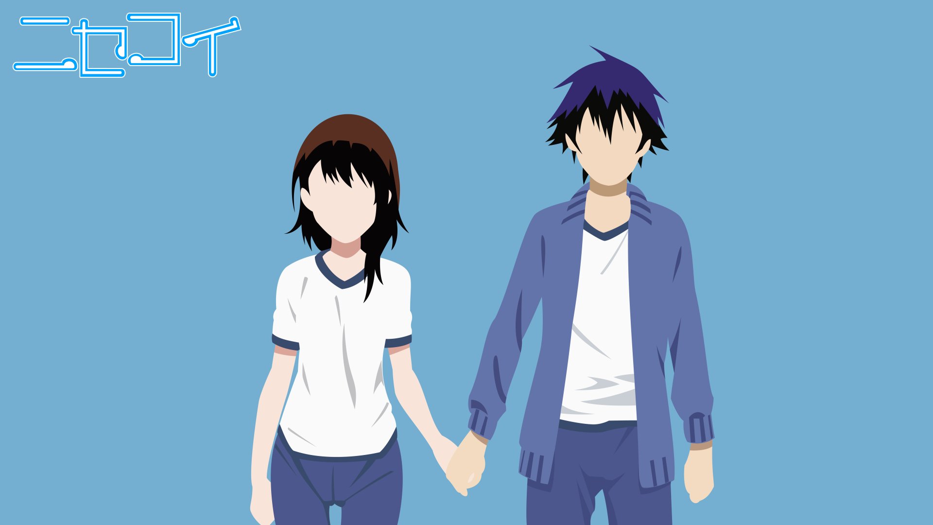 Minimalist 8K Ultra HD wallpaper featuring faceless anime characters Raku Ichijō and Kosaki Onodera from Nisekoi, holding hands against a blue background.