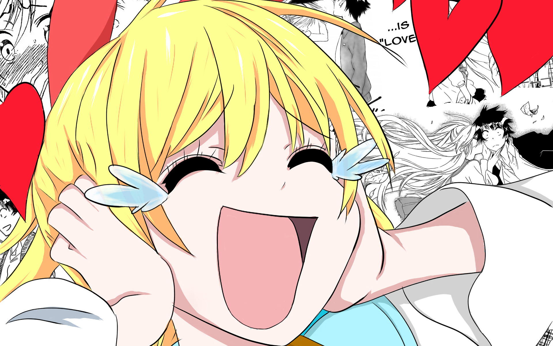 HD PC desktop wallpaper of Chitoge Kirisaki from the anime Nisekoi, featuring her joyful expression with a vibrant background of manga panels and red hearts.