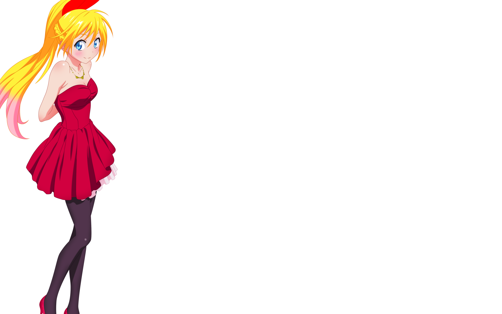 Chitoge Kirisaki (Nisekoi) anime 5K Ultra HD PC wallpaper: blonde girl in a red dress and black stockings standing at left on a white background.