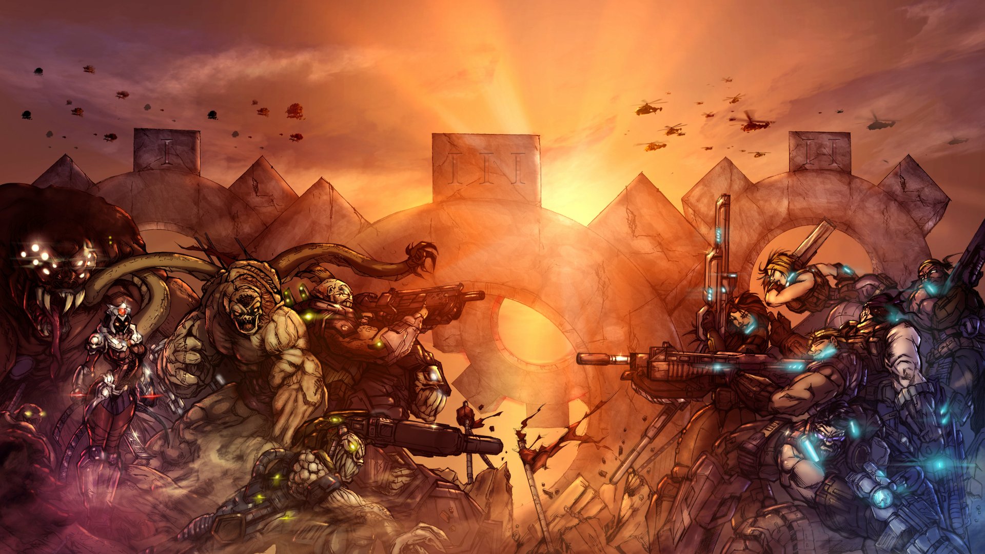 8K Ultra HD PC desktop wallpaper: Gears of War video game battle — armored woman warrior wields a heavy weapon against monstrous foes amid fiery explosions.