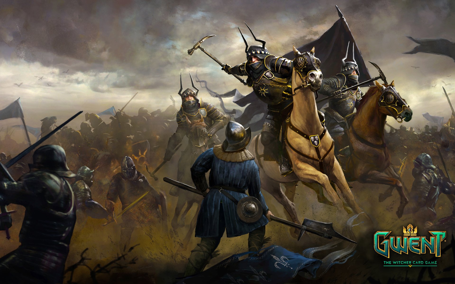 HD PC desktop wallpaper from the video game Gwent: The Witcher Card Game, depicting a dynamic medieval battle scene with armored warriors and mounted knights.