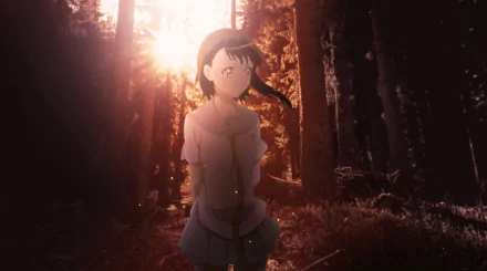 Kosaki Onodera from Nisekoi stands in a sunlit forest at dusk, warm backlight and soft shadows — anime HD PC desktop wallpaper/background.