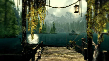 HD wallpaper from The Elder Scrolls V: Skyrim, featuring a serene lake, lush trees, and a rustic dock. An enchanting fantasy scene that immerses you in the game's breathtaking natural beauty.