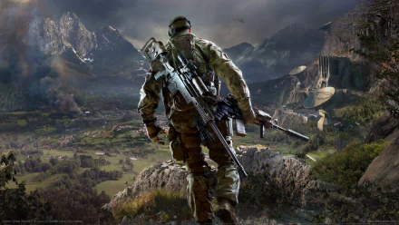 HD PC desktop wallpaper featuring a sniper soldier from the video game Sniper: Ghost Warrior 3, set against a dramatic mountainous landscape.