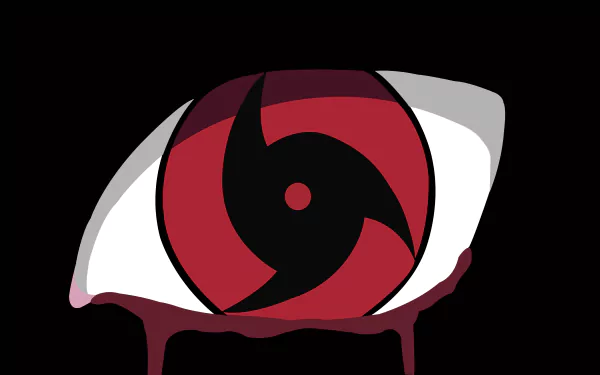 HD wallpaper featuring the Mangekyō Sharingan from the anime Naruto, showcasing a detailed close-up of the iconic red and black eye with a dark background.