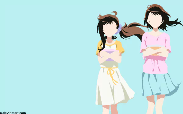 HD PC desktop wallpaper of Haru Onodera and Kosaki Onodera from Nisekoi: minimalist faceless anime figures in pastel outfits against a pale blue background.