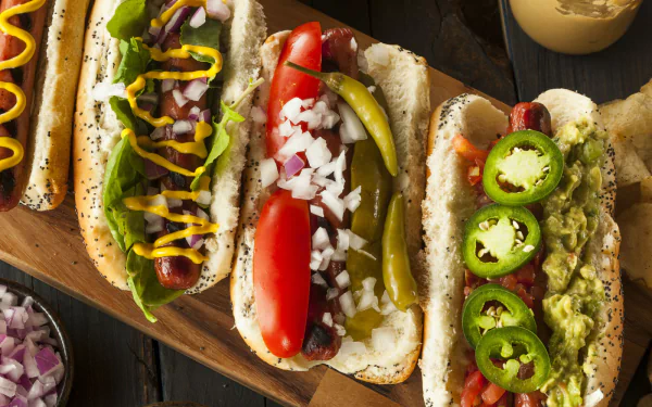HD PC desktop wallpaper background showing food: close-up of hot dogs on a wooden board topped with lettuce, mustard, pickles, onions, jalapeño and guacamole.