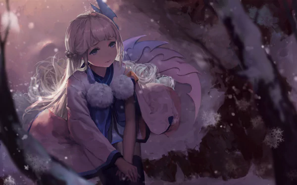 HD PC desktop wallpaper featuring an anime-style Onmyoji character in a snowy, mystical forest setting with soft lighting and detailed winter clothing.
