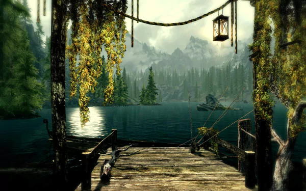 HD wallpaper from The Elder Scrolls V: Skyrim, featuring a serene lake, lush trees, and a rustic dock. An enchanting fantasy scene that immerses you in the game's breathtaking natural beauty.