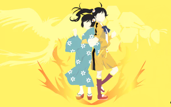 Minimalist HD anime desktop wallpaper featuring Tsukihi Araragi and Karen Araragi from Nisemonogatari in a vibrant yellow background, part of the Monogatari series.