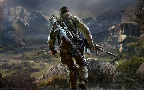 HD PC desktop wallpaper featuring a sniper soldier from the video game Sniper: Ghost Warrior 3, set against a dramatic mountainous landscape.