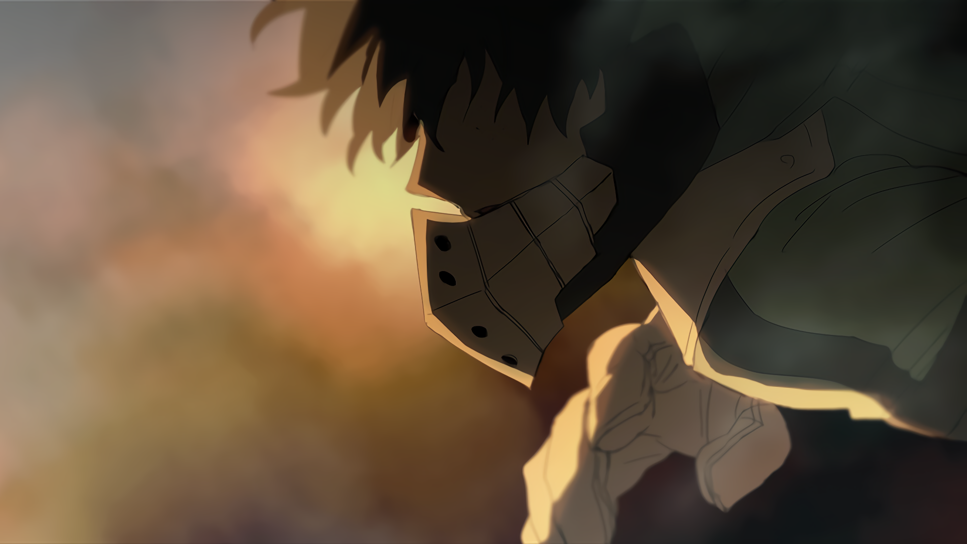 HD wallpaper featuring Izuku Midoriya from My Hero Academia, showcasing a dramatic, shadowed profile against a gradient background.