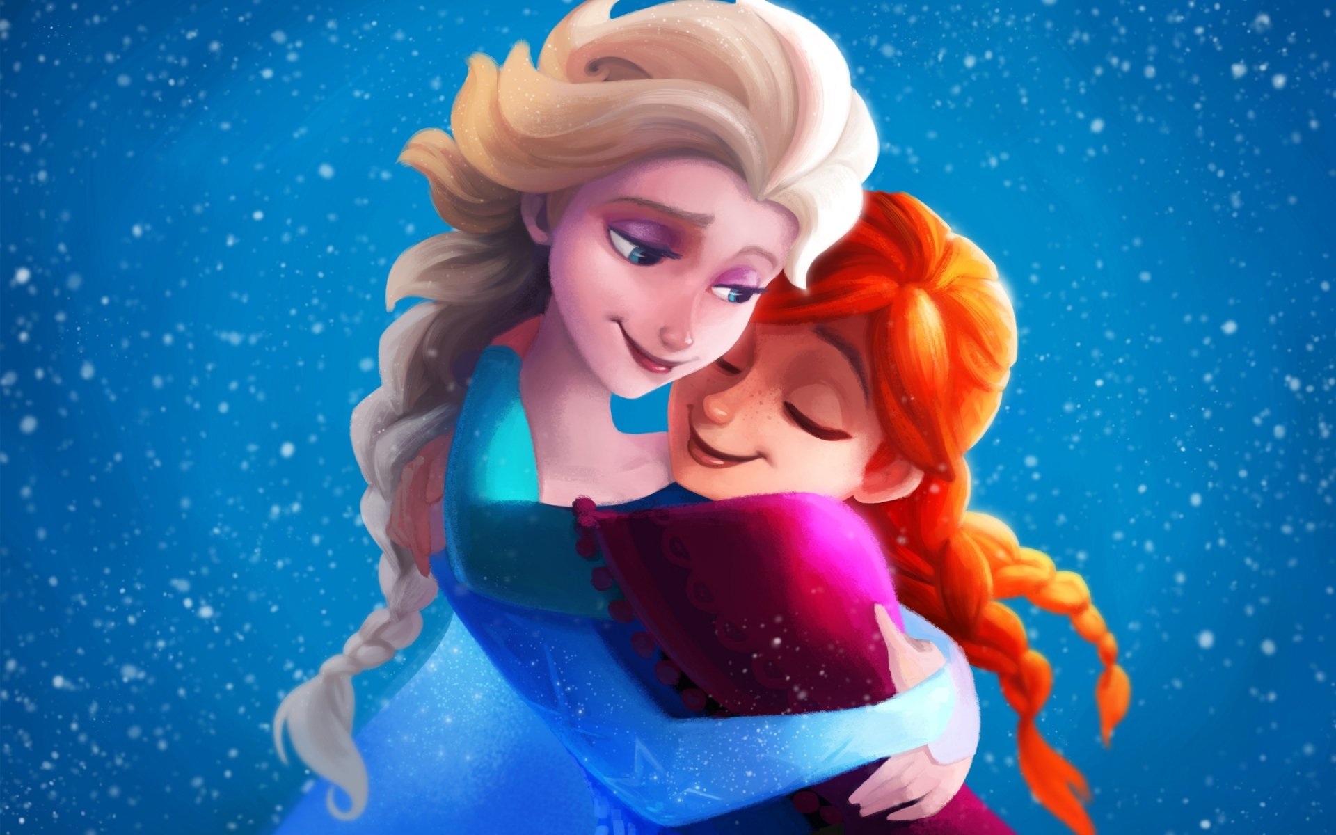 HD desktop wallpaper featuring Elsa and Anna from the Frozen movie sharing a warm, affectionate hug against a sparkling blue background.