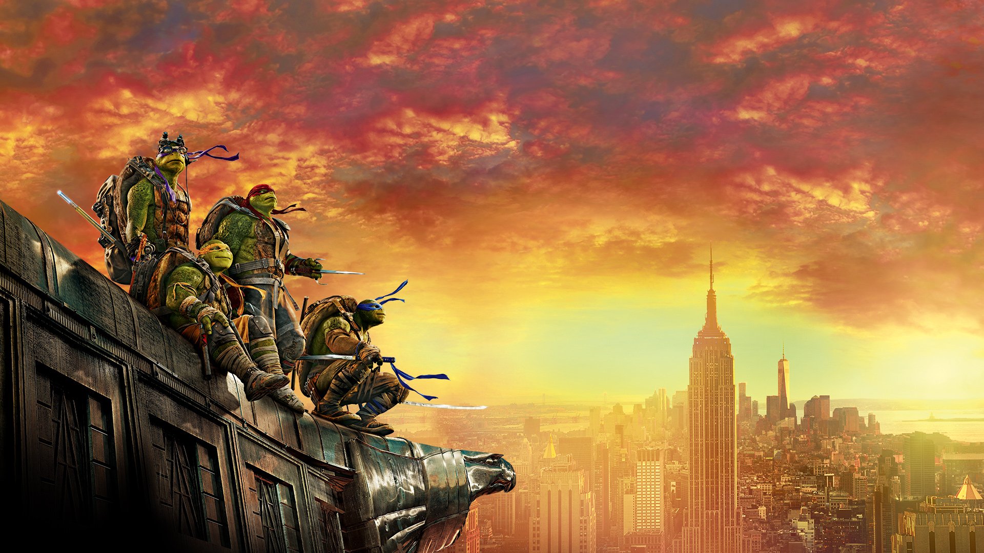 HD desktop wallpaper featuring the Teenage Mutant Ninja Turtles from the movie Teenage Mutant Ninja Turtles: Out Of The Shadows overlooking a cityscape at sunset.
