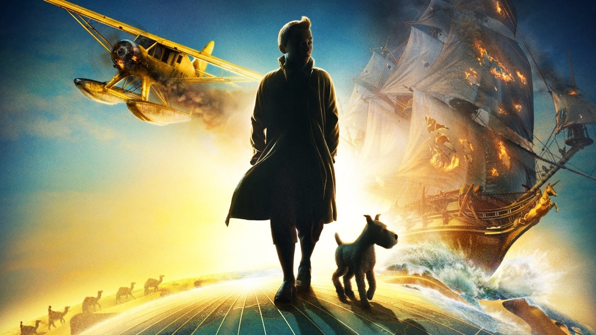 HD PC desktop wallpaper featuring a dramatic scene from the movie The Adventures of Tintin, with Tintin and Snowy facing a burning ship and a seaplane overhead.