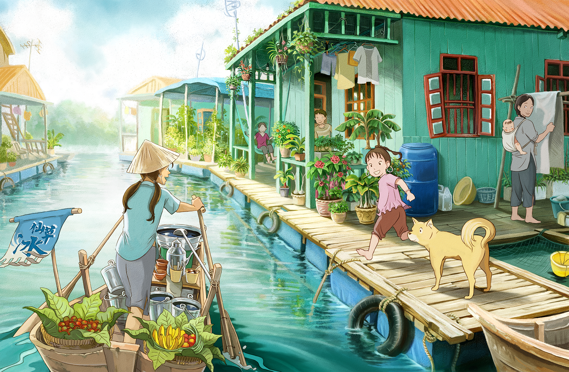 HD anime wallpaper depicts a serene riverside village scene with vibrant green houses, a woman on a boat, a child running with a dog, and a mother holding a baby. 