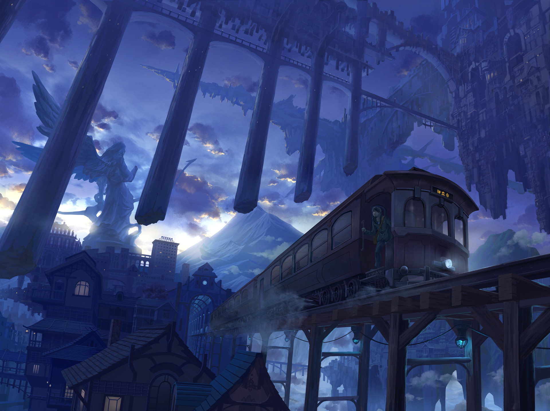HD desktop wallpaper featuring an anime-style train traversing an elevated track through a fantastical cityscape, with a dramatic backdrop of mountains and ethereal statues against a twilight sky.