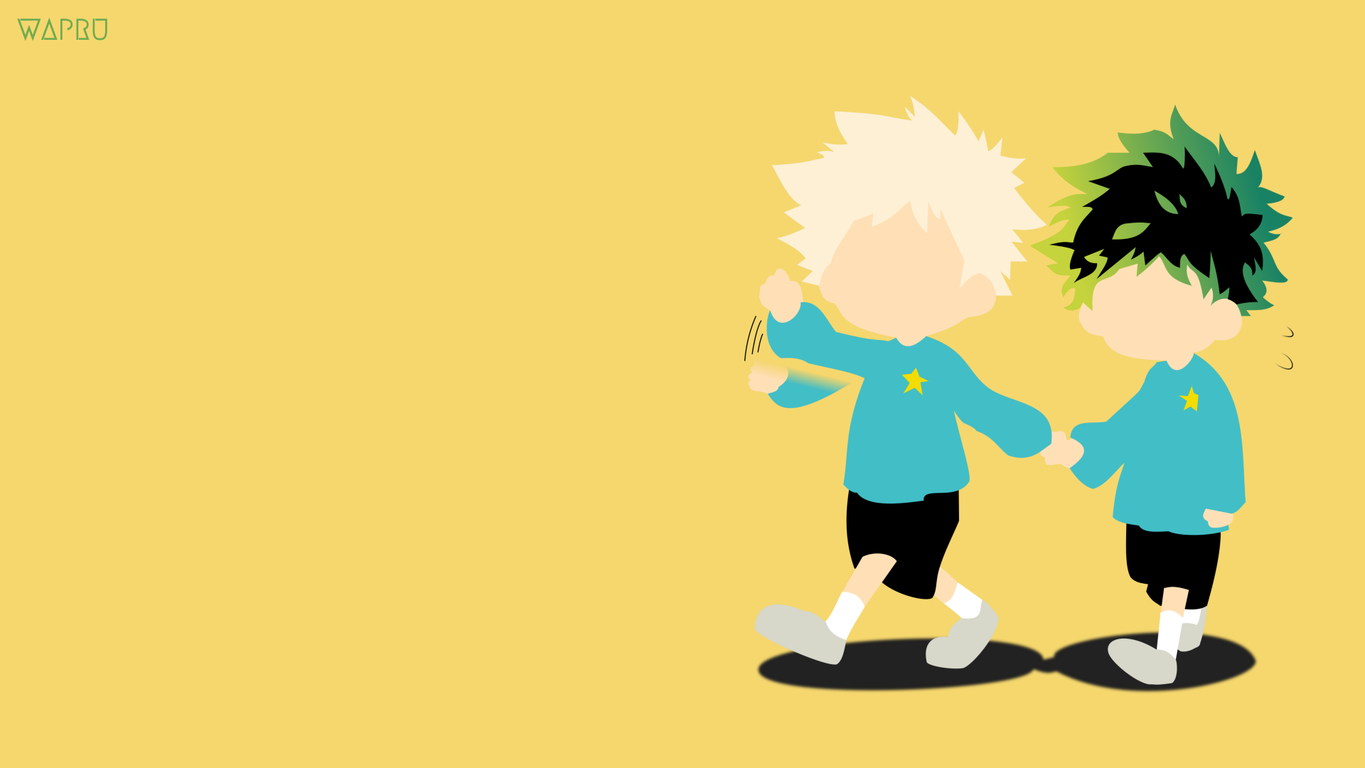 Anime, My Hero Academia 4K Ultra HD PC desktop wallpaper: chibi Deku and Bakugo in matching teal sweaters holding hands on a minimalist yellow background.