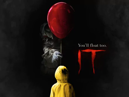 HD desktop wallpaper of the 2017 movie It, featuring a child in a yellow raincoat holding a red balloon with a menacing figure in the background and the text You'll float too.
