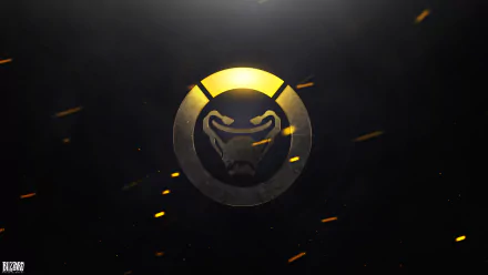 HD PC desktop wallpaper featuring a metallic gold-and-silver Overwatch video game emblem hinting at Soldier: 76, set against a dark background with ember sparks.
