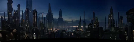 A stunning HD desktop wallpaper depicting a futuristic cityscape at night, inspired by sci-fi themes and the Star Wars universe, with towering skyscrapers and a shimmering skyline.