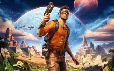 HD PC desktop wallpaper featuring a character from the video game Outcast: Second Contact in a vibrant alien landscape with two large planets in the sky.