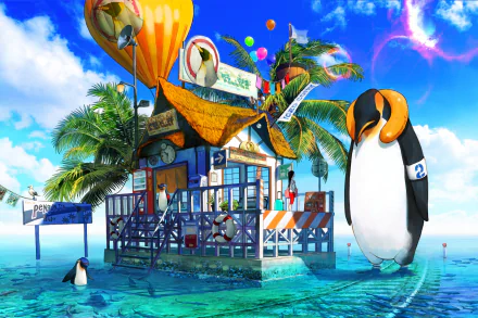 HD anime desktop wallpaper featuring a whimsical scene of penguins with a beach house, palm trees, a hot air balloon, and vibrant skies.